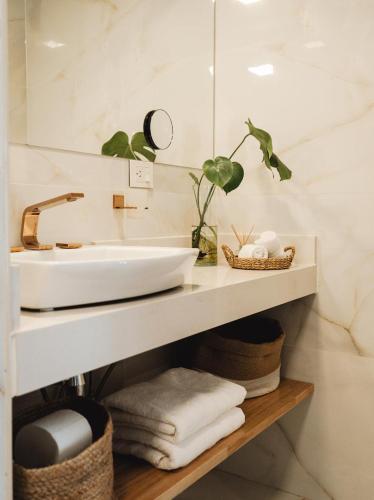 a bathroom with a sink and a mirror and towels at Casa Brown in Neuquén