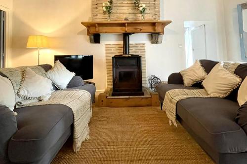 a living room with two couches and a fireplace at Golden Fig Sleeps 6 with Pool in Eymet