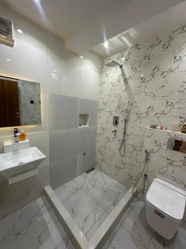 a bathroom with a shower and a toilet and a sink at Apartment 5 in Abuja