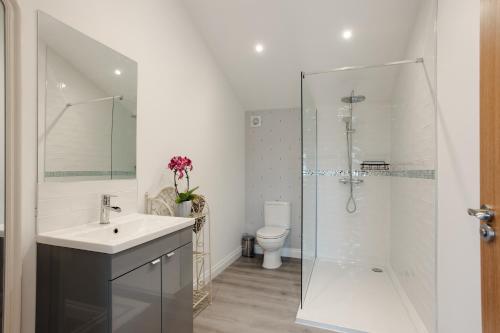 ein Badezimmer mit Dusche, Waschbecken und Toilette in der Unterkunft Willow Cottage in Ryde