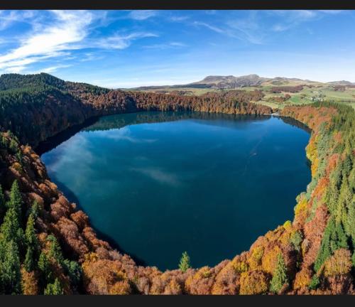 an aerial view of a lake in a forest at Appartement Dans un village en Auvergne sancy in Égliseneuve-dʼEntraigues