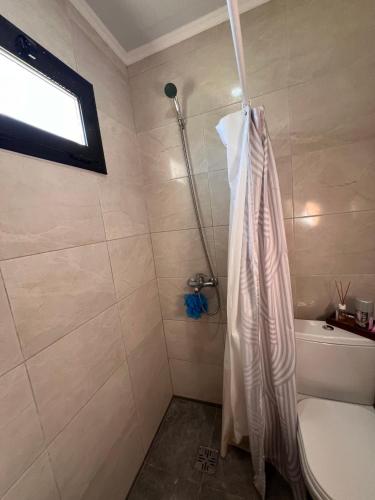 a bathroom with a shower with a toilet and a tub at Hospedaje a 2 cuadras del mar Mar de Cobo 4 personas in Mar de Cobo
