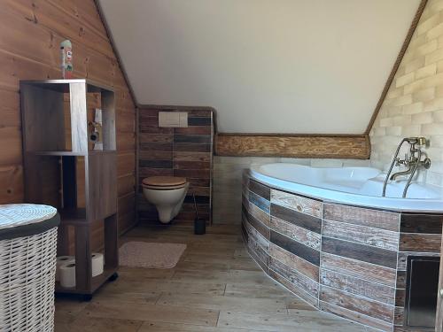 ミート・ポッド・ドゥンビエロムにあるZrub LAURAのバスルーム(大型バスタブ、トイレ付)