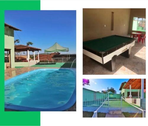a collage of pictures of a pool and a house at casa verde hospedaria in Goiás