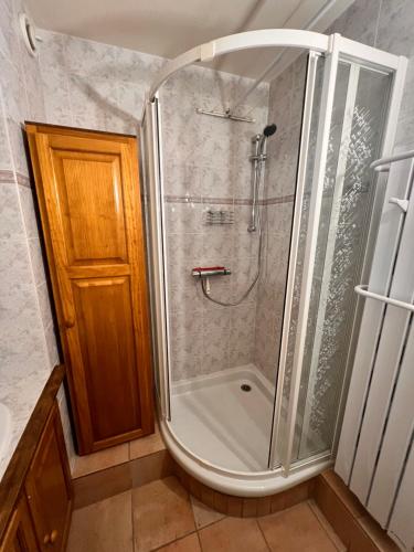a shower with a glass door in a bathroom at Appartement entier duplex 34m2 au seignus Allos in Allos