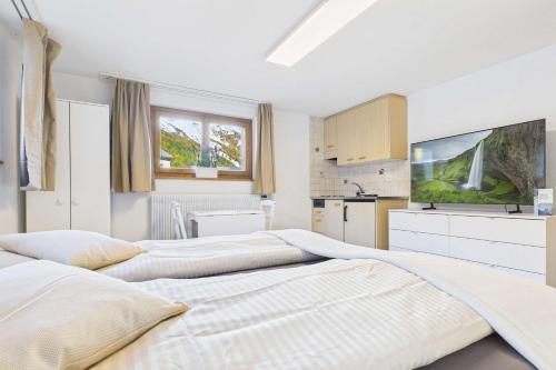 a bedroom with two beds and a tv on the wall at Comfortable studio near Saas-Fee ideal for couples in Saas-Grund