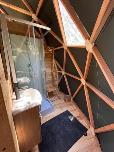 a bathroom with a shower and a sink in a room at Spa Les Jardins De Chiron Lodges et Tiny House dans le sud in Sauve
