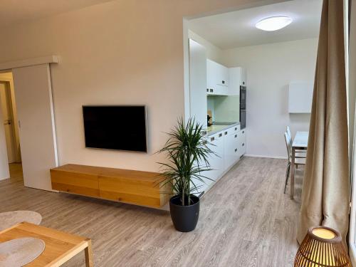 a living room with a flat screen tv on a wall at Family Apartment 104 in Špindlerův Mlýn