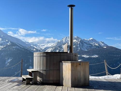 een bankje bovenop een met sneeuw bedekte berg bij Les Alpages du Soleil in La Rosière