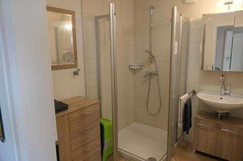 a bathroom with a shower and a sink at Haus Kathan in Bechtersweiler
