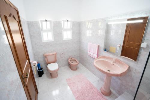 Un baño con un inodoro rosa y un lavabo. en Villa Mirage - by Madeira To Stay, en Arco da Calheta