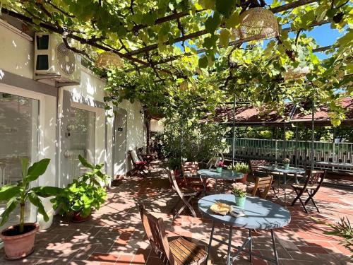 an outdoor patio with tables and chairs and trees at Hencz Vendégház in Balatonakarattya
