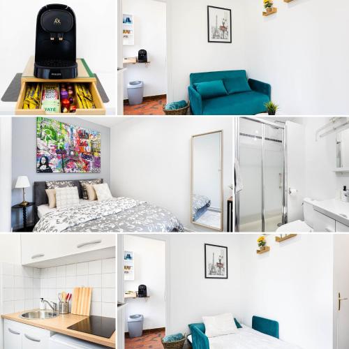 a room with a bed a sink and a mirror at Le Parisii I Proche RER C & METRO 7 I 2-3 peoples in Ivry-sur-Seine