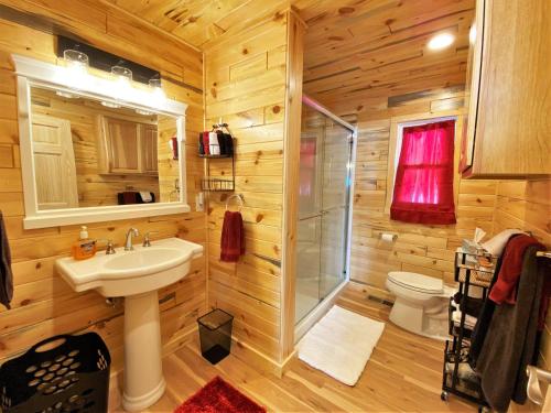 een badkamer met wastafel, douche en toilet bij The Red Pine in Saint Ignace