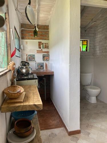 een kleine keuken met een wastafel en een toilet bij Lugar bonito tiny house in Lago Puelo