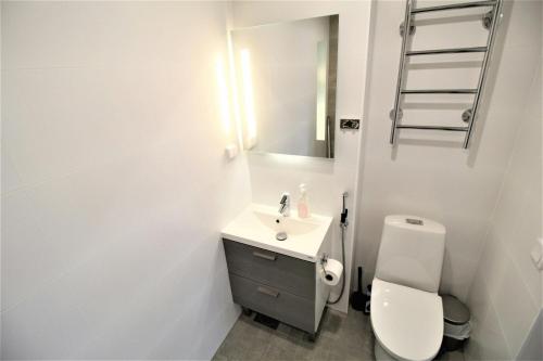 a white bathroom with a toilet and a sink at Central Studio for 2 in Lahti