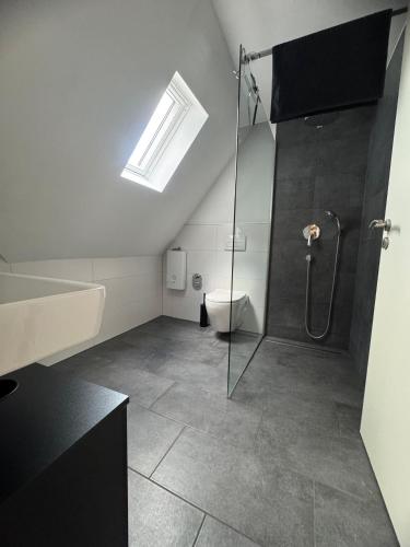 a bathroom with a shower and a toilet in it at City Lounge Bielefeld 004 in Bielefeld