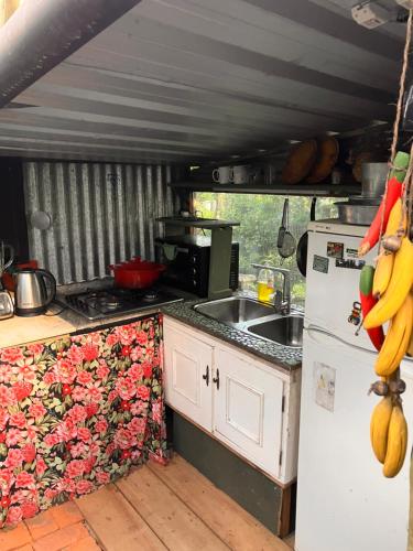 Una cocina con un refrigerador blanco y un fregadero. en DomosdeMar a 100 mts del mar, en Ocean Park