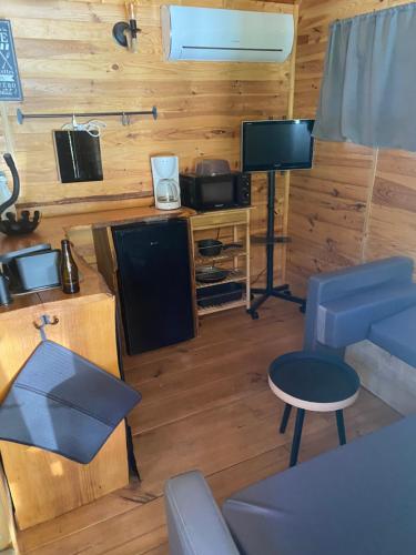 ein Wohnzimmer mit Sofa und Fernseher in der Unterkunft Le nid de l Eyrieux in Saint-Martin-de-Valamas