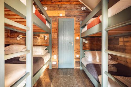 a room with four bunk beds in a cabin at Llechwedd Glamping in Blaenau-Ffestiniog