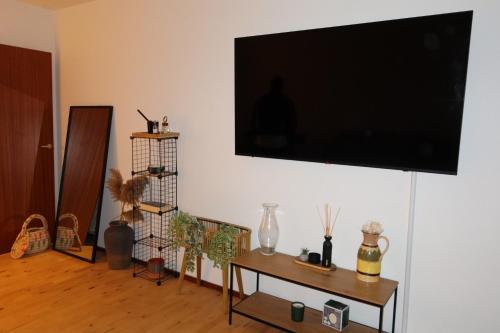 a living room with a flat screen tv on a wall at Studio apartment in Central Copenhagen in Copenhagen