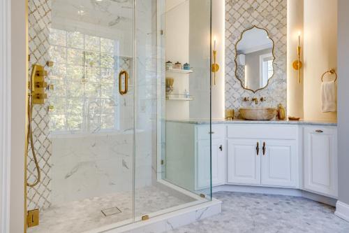 a bathroom with a shower and a sink at Million-Dollar Mtn Views! Gilford Gilded Loon in Glendale