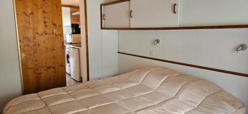 QuiéIsard - Le Hameau De La Courbière的一张位于小房间的床,配有衣柜