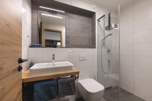 a bathroom with a sink and a toilet and a shower at Hotel Felix in Mietingen