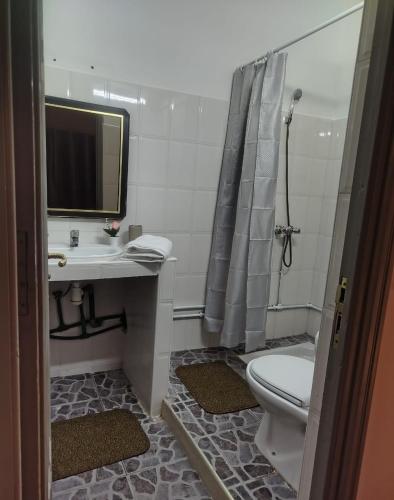 a bathroom with a toilet and a sink and a shower at hotel and restaurant kasbah draa in Agdz