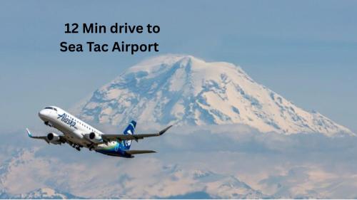 un avion vole devant une montagne dans l'établissement Charming & Bright Gem Prime Location Street Parking with AC, à Renton