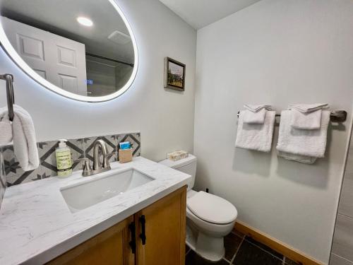 a bathroom with a sink and a toilet and a mirror at Panorama Mountain Resort - Horsethief Lodge with Fairmont Creek in Panorama