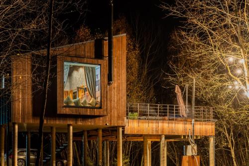 ein Gebäude mit einem Gemälde auf dem Dach bei Nacht in der Unterkunft Ramiau - su gamta in Kareivonys