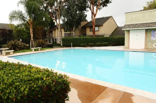 a large blue swimming pool with trees and bushes at Destination #20 in Anaheim