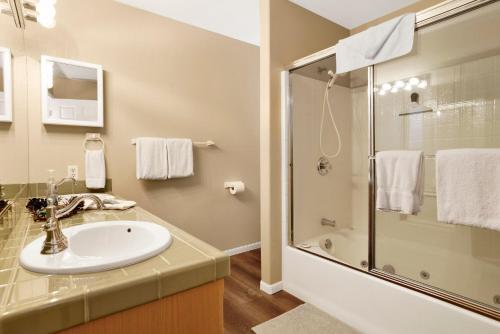 a bathroom with a sink and a shower at Castle Glen Gem #2220 in Big Bear Lake