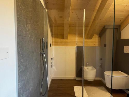 Un baño con ducha de cristal y un inodoro. en Appartamento La Téza, en Lavarone