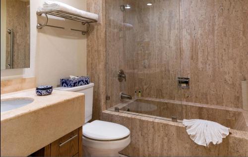 a bathroom with a toilet and a sink and a shower at Villa Del Palmar in Cabo San Lucas