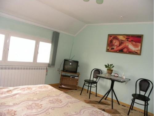 een slaapkamer met een bed, een tafel en een tv bij Явіс in Mamaivci Village