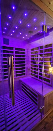 a bathroom with purple lights in a room at Les Mini-Chaumières in Saint-Martin-Saint-Firmin