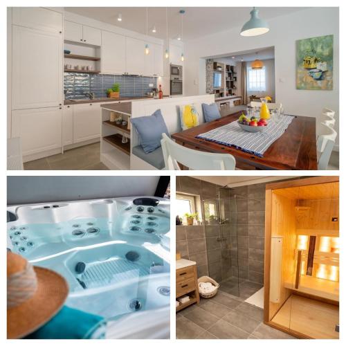 a collage of pictures of a kitchen and a living room at Villa GreenTree - with Private Pool close to Budapest in Budakalász