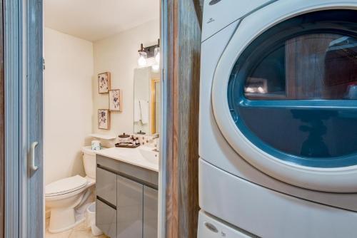 a bathroom with a washer and a toilet and a sink at Orchid Cabin in Banner Elk