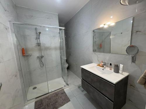 a bathroom with a shower and a sink at Modern one bedroom Apartment in Żurrieq