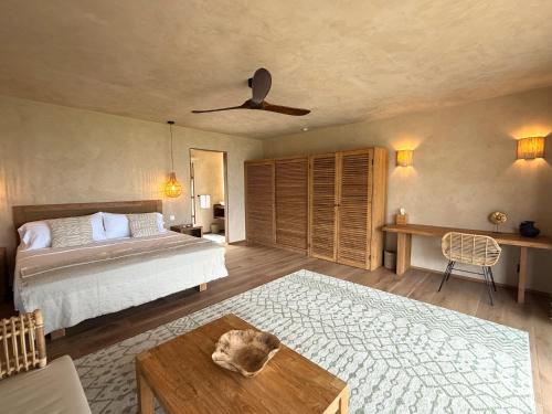 MayreauWindward Mayreau Resort的一间卧室，里面有一张床，一只猫趴在桌子上。
