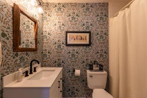 a bathroom with a toilet and a sink and a mirror at Elk Watch at Hound Ears in Valle Crucis