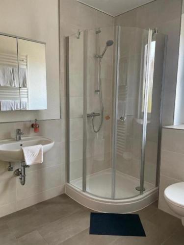 a bathroom with a shower and a sink at Ferienwohnung-Sylt in Baltrum