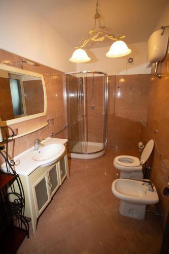 a bathroom with a shower and a toilet and a sink at XVI Secolo House in Scalea