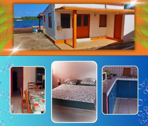 two pictures of a house with a bed and a kitchen at Maison exurville in Le Robert