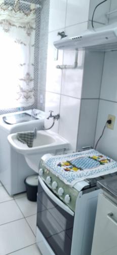 eine kleine Küche mit Spüle und Herd in der Unterkunft Apartamento em Condomínio - 2 Quartos - Porto Feliz-SP- 1 Vaga in Pôrto Feliz
