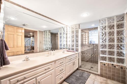 een badkamer met wastafel en douche bij Lakefront Oasis with Skylights & Covered Boat Slip For Extra Adventure in Laguna Beach