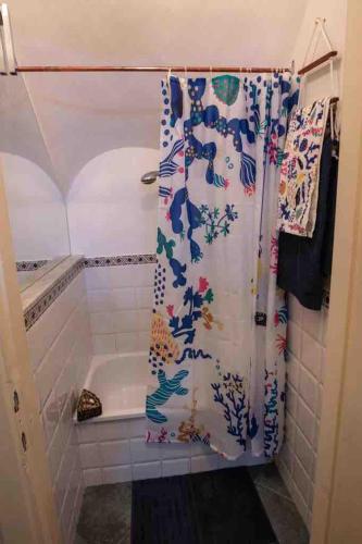 a shower curtain in a bathroom with a tub at Cogo House in Cogoleto