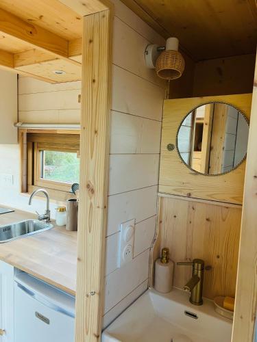a small kitchen with a sink and a mirror at Tiny House chez Annette in Darvoy